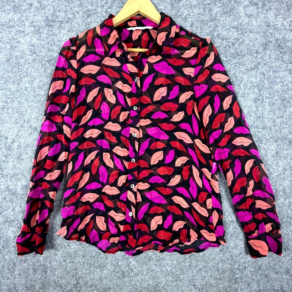 Diane Von Furstenberg DVF Blouse Top Women Mariah Silk Pink Lips Sheer Dopamine